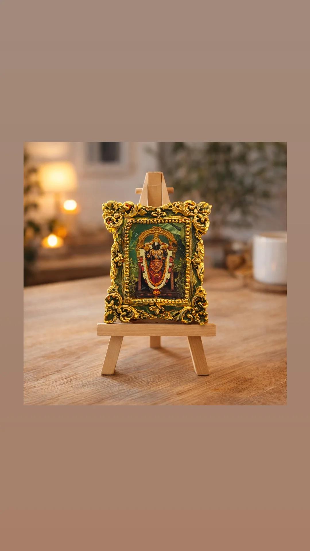 Original ornate gold Venkateswara Swamy mini vintage frame on easel